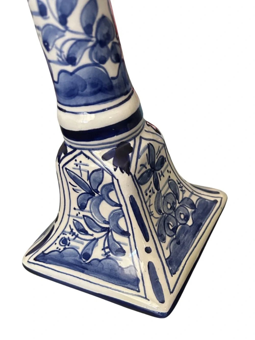 Hand Painted Peacock Ceramic Candlestick Holder | Made in Portugal | Blue/White